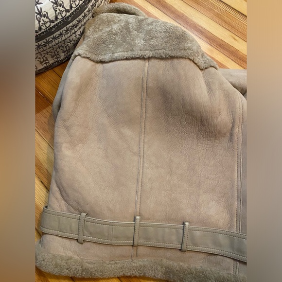 Maje Paris tan beige genuine shearling leather moto jacket coat winter